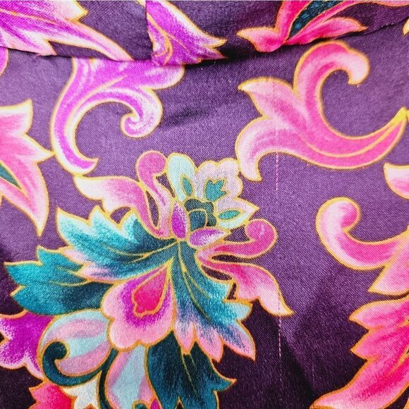 Vintage '70s Dentelle Purple Floral Print Kimono Robe Nightgown Dressing Gown L - Picture 3 of 9